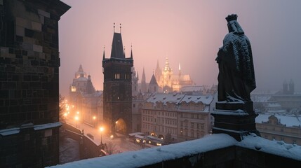 Beautiful historical buildings in winter with snow and fog in Prague city in Czech Republic in Europe. - 711139805