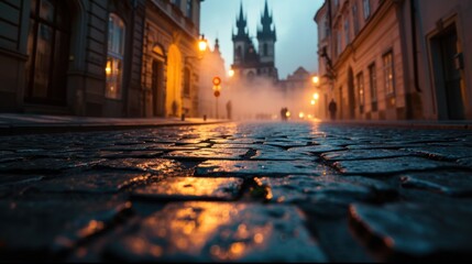 Low angle view of street with historical buildings in Prague city in Czech Republic in Europe. - 711139855