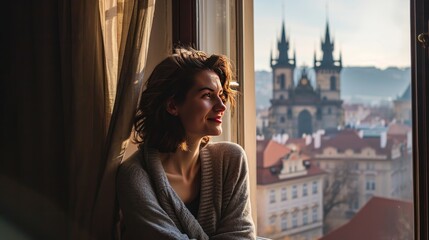 A lady at rooftop with beautiful view of historic buildings in the city of Prague, Czech Republic in Europe. - 711139899