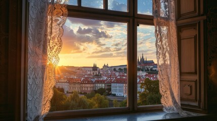 Window view of beautiful historical buildings of Prague city in Czech Republic in Europe. - 711140016