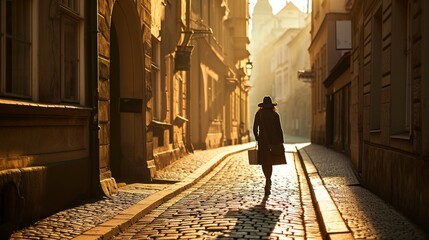 Back view of a young lady walking in street at sunrise with historic buildings in the city of Prague, Czech Republic in Europe. - 711140079
