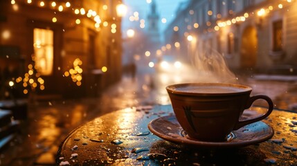 Hot coffee on table at night with beautiful historical buildings of Prague city in Czech Republic in Europe. - 711140255