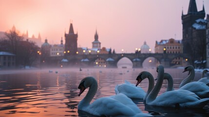 Swan in river with beautiful historical buildings of Prague city in Czech Republic in Europe. - 711140262