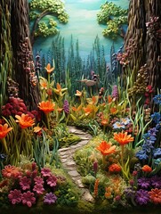 Fototapeta premium Handcrafted Woodland Artistry: Wildflower Blooms in Artistic Forest Landscape