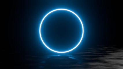 Glowing blue ring standing in the middle of the darkness - 3D render