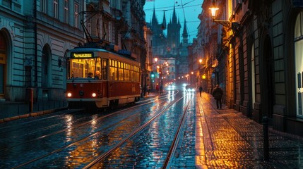 A tram at night in the street of Prague. Czech Republic in Europe. - 711141082