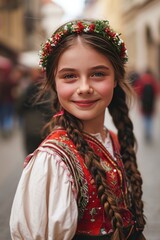 A beautiful girl in traditional Czech clothing in street with historic buildings in the city of Prague, Czech Republic in Europe. - 711141202