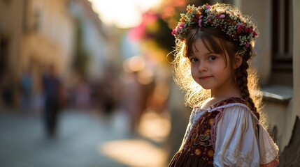 A beautiful little girl in traditional Czech clothing in street with historic buildings in the city of Prague, Czech Republic in Europe. - 711141210