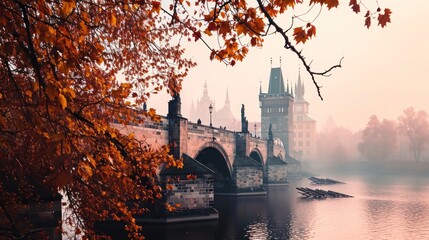 Autumn foliage with beautiful historical buildings of Prague city in Czech Republic in Europe. - obrazy, fototapety, plakaty