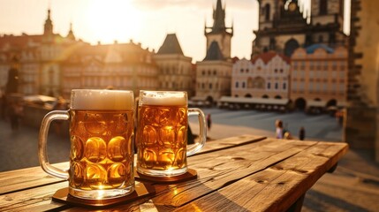 Beer mug with beer on table in a sunny day and beautiful historical buildings of Prague city in Czech Republic in Europe. - 711141649