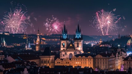 Fireworks show with beautiful historical buildings of Prague city in Czech Republic in Europe. - 711141817