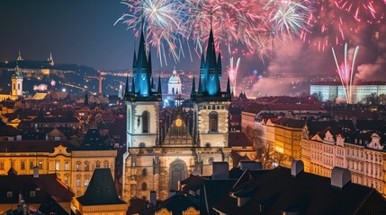 Fireworks show with beautiful historical buildings of Prague city in Czech Republic in Europe. - 711141855