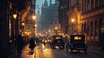 Fototapeta na wymiar Historical street view of Prague City in 1930's. Czech Republic in Europe.
