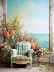 Fototapeta na wymiar Exquisite Coastal Floral Vintage Wall Art - Nautical Oceanfront Vistas