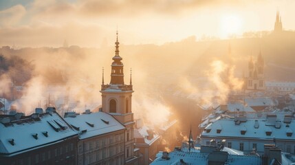 Beautiful historical buildings in winter with snow and fog in Prague city in Czech Republic in Europe. - 711142487