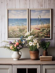 Fototapeta premium Nautical Coastal Landscapes: Serene Beaches & Vintage Wildflower Shore