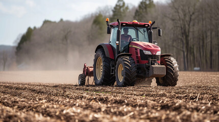 Obraz premium Hardworking Farmer Tilling Soil With Red Tractor in Sunlit Agricultural Field. A hardworking farmer meticulously tills the earth with a red tractor, preparing the soil for a new crop season. 