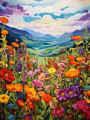 Organic Valley Field Painting: Vibrant Wildflower Patches Wall Decor