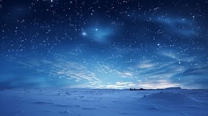 snow at field and starry winter sky snowy moonless night