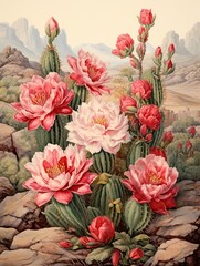 Retro Blooming Cactus Designs: Vintage Painting of the Timeless Arid Wilderness