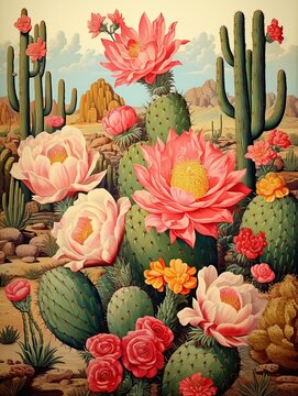 Retro Blooming Cactus Designs: Vintage Desert Landscape Painting