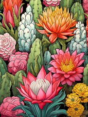 Retro Blooming Cactus Designs: Serene Wall Art Capturing the Beauty of Blooming Cacti in Your Space.