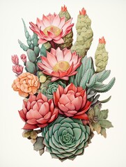 Retro Blooming Cactus Designs: Radiate Serene Beauty with Cacti Wall Art