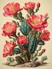 Retro Blooming Cactus Designs: Captivating Wall Art Depicting Nostalgic Desert Landscapes