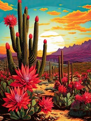 Retro Blooming Cactus Designs: Vibrant Desert Flora Wall Art