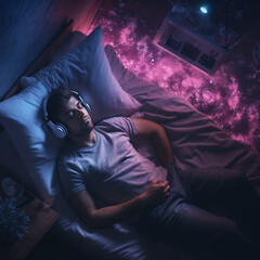 Person with headphone on bed