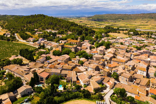 General view of commune of Fontcouverte in green valley of Alaric Mountain in southern France, Aude department