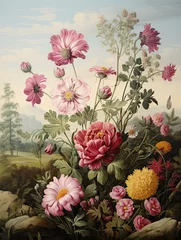 Behang Nostalgic Landscape Wall Art: Retro Vintage Floral Field Painting & Artistry © Michael