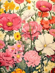 Retro Vintage Floral Designs: Handcrafted Wildflower Illustrations in Vintage Landscape Themes.