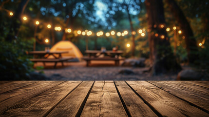 Wooden table on blur tent camping at night background - obrazy, fototapety, plakaty