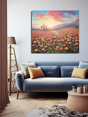Retro Vintage Floral Designs: Wildflower Field Landscape Oil Painting