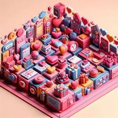 cart with boxes on black or gift box with heart shaped balloons valentine