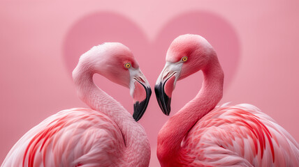 Two flamingos facing each other, heart shaped background. Valentine Day	