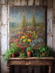 Fototapeta na wymiar Rustic Vineyard Wall Art: Vintage Painting of Grapevines and Wildflower Fields