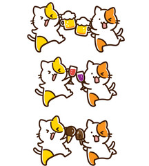 色々なもので乾杯するかわいいねこ達のデフォルメイラストセット
