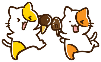 チョコレートのアイスで乾杯するかわいいねこ達のデフォルメイラスト