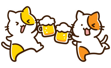 生ビールのジョッキで乾杯するかわいいねこ達のデフォルメイラスト