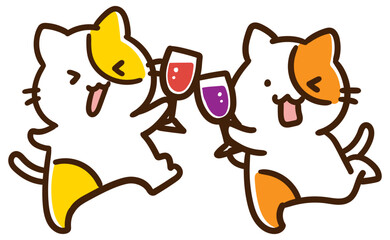 ワイングラスで乾杯するかわいいねこ達のデフォルメイラスト