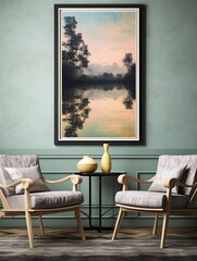Serene Lakeside Reflections: Vintage Art Print Wall Art featuring Calm Waters
