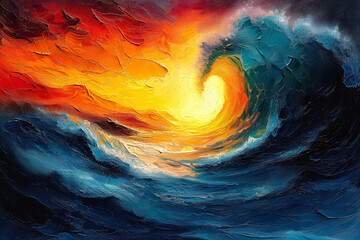 Abstract art - painting of the ocean at sundown - obrazy, fototapety, plakaty
