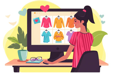 Female specialist using Computer with clothing online web store to choose and buy clothes