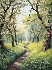Fototapeta na wymiar Shabby Chic Orchard: Vintage Landscape Print of Blossoming Groves