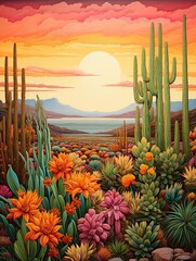 Vintage Wildflower Paintings: Southwestern Desert Landscapes Evoking Nostalgia Amidst Sands and Cacti