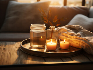 candles on the table, cozy, warm light. close-up shot