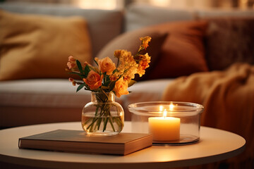 candles and flowers on the coffee table, cozy, warm light. close-up shot
