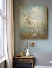 Fototapeta na wymiar Vintage Landscape Art Print: Textured Canvas Decor with Touchable Depth and Wildflower Impressions